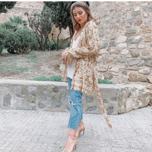 ZARA FRINGE SEQUIN ROBE KIMONO LONG JACKET COAT - Picture 7 of 8